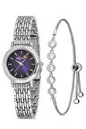 Zarif Vintage Kadın Kol Saati Ve Zirkon Taşlı 5 Taş Bileklik Hediye Gümüş-Mor PL-1480B6