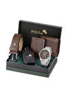 Erkek Kol Saati Klasik Model Cüzdan Kemer Kartlık Parfüm Kombin Kahverengi Set PL-0844E3