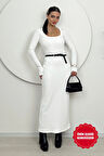 Orlina Kadın Uzun Kollu Kemersiz Bodycon Beyaz Triko Elbise - Günlük Şıklık