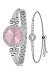 Vintage Kadın Kol Saati Zirkon Taşlı Yuvarlak Bileklik Kombin Gümüş Pembe Renk PL-1534B4