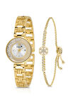 Lüx Taşlı Zincir Kordon Kadın Kol Saati Zirkon Taşlı Kartanesi Bileklik Kombin Gold Renk PL-1539B1