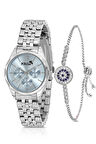 Klasik Spor Kadın Kol Saati Zirkon Taşlı Nazar Bileklik Kombin Gümüş Mavi Renk PL-1552B4