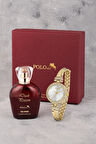 Vintage Kadın Kol Saati Parfüm Bordo Hediyelik Kutsunda Set Gold Renk ST-2171S1