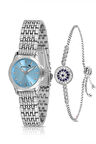 Zarif Kadın Kol Saati Zirkon Taşlı Nazar Bileklik Kombin Gümüş Mavi Renk PL-1550B5