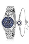 Klasik Spor Kadın Kol Saati Zirkon Taşlı Nazar Bileklik Kombin Gümüş Lacivert Renk PL-1552B3