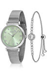 Klasik Kadın Kol Saati Zirkon Taşlı Yuvarlak Bileklik Kombin Gümüş Yeşil Renk PL-1554B5