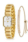 Zarif Dikdörtgen Kasa Kadın Kol Saati Zirkon Taşlı Baget Bileklik Kombin Gold Renk PL-1532B1