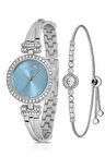 Vintage Kadın Kol Saati Zirkon Taşlı Yuvarlak Bileklik Kombin Gümüş Mavi Renk PL-1534B5