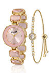 Lüx Taşlı Kordon Kadın Kol Saati Zirkon Taşlı Yuvarlak Bileklik Kombin Pembe Gold Renk PL-1533B3