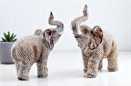 Lüks İşlemeli Simli 2li Fil Biblo Seti Vitrin Süsü Yeni Ev Ofis Hediyesi Dekoratif Obje Heykelcik 
