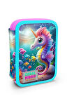 Coral High Kids Mavi Su Yeşili Denizatı Desenli Çift Katlı Kalem Çanta 11144