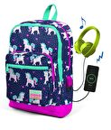 Coral High Çocuk Lacivert Unicorn Usb Şarjlı Kulaklık Çıkışlı Okul Sırt Çantası