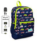Coral High Kids Dört Gözlü Erkek Çocuk İlkokul Çantası - Yardımcı Arabalar Baskılı - USB+AUX Soketli