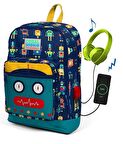Coral High Kids Lacivert Robot Desenli Usb Şarjlı Kulaklık Çıkışlı Okul Sırt Çantası