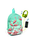 Coral High Su Yeşili Flamingolu İki Bölmeli USB Şarjlı Kulaklık Çıkışlı Sırt Çantası 23432