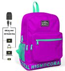 Coral High Logo Nakışlı Mor-Yeşil Ortaokul, Lise ve Günlük Sırt Çantası(USB VE AUX SOKETLİ)