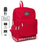 Coral High Logo Nakışlı Kırmızı Ortaokul, Lise ve Günlük Sırt Çantası(USB VE AUX SOKETLİ)