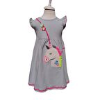 Kız Çocuk Elbise Unicorn Baskılı Çizgili Beyaz Mavi