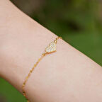 14 Ayar Altın Taşlı Kalp Aynalı Zincir Bileklik