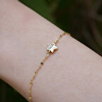 14 Ayar Altın Taşlı Yonca Aynalı Zincir Bileklik