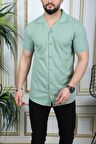 Yeşil Düğmeli Rahat Fit Şerit Detaylı Gömlek