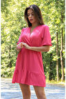Dipmoda kadın fuşya kruvaze yaka eteği fırfırlı yazlık elbise DP10044