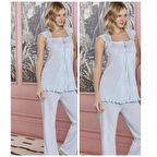 BONE CLUB 4708 MAVİ   YENİ SEZON OMUZ DANTEL LOHUSA PİJAMA TAKIM