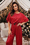 Dipmoda kadın kırmızı kemerli tasarım tulum DPEMP2350