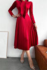 Dipmoda kadın yakası bağlama detaylı piliseli kadife elbise DPQ012