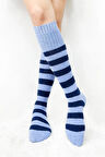Mavi - Lacivert Çizgili Yeni Nesil Kadın Kışlık Dizaltı Çorap