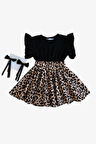 Kız Bebek Leopar Kısa Kollu Fırfırlı Elbise Toka Takım