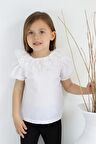 Kız Çocuk Ekru Bisiklet Yaka Dantelli Kısa Kol 23 Nisan Abiye Bluz Gömlek