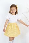 Kız Çocuk Daisy Bisiklet Yaka Dantel Detaylı Ekruı Kısa Kollu Bluz Ekoseli Etek Toka 3lü Takım