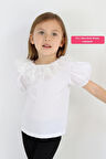 Kız Çocuk Beyaz Bisiklet Yaka Dantelli Kısa Kol Abiye Bluz Gömlek