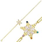 Lucky Life 925 Ayar Gumuss  Gold Renkli Taşlı Kar Tanesi Kadın Bileklik