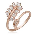 Lucky Life 925 Ayar Gumuss  Rose Ayarlanabilir Beyaz Taşlı Yaprak Kadın Yüzük