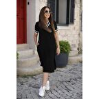 ​Lucky Life Kadın Kısa Kollu V Yaka Kol Ve Yaka Ribana Detay Midi Boy Viskon Elbise