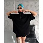 Lucky Life Unisex  Yarım Fermuarlı Düz Oversize T-Shirt - Siyah