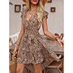 Lucky Life Kadın Kısa Fırfır Kollu V Yakalı Belden Kuşaklı Desenli Süprem Elbise