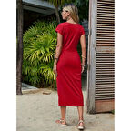 Lucky Life Kadın Kısa Kollu Bisiklet Yaka Yandan Yırtmaçlı Viskon Midi Elbise