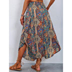 Lucky Life Kadın Lucky Life Kadın Beli Lastikli Bağcıklı Asimetrik Kesim Detaylı Desenli Bürümcük Etek