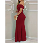 Lucky Life Kadın Kısa Kollu Madonna Yaka Belden Oturtmalı Uzun Ithal Krep Elbise