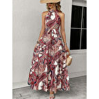 Lucky Life Kadın Halter Yakalı Omuzlardan Açık Kuşaklı Maksi Boy Desenli Süprem Elbise