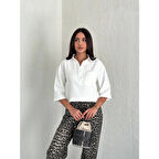 Crop Lucky Life Kadın Yakalı Gömlek Üç Çeyrek Sleeve Kol - Beyaz