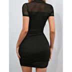 Lucky Life Kadın Kısa Kollu Yarı Balıkçı Yaka Tül Detaylı Kısa Janjan Krep Elbise