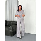 Lucky Life Lucky Life Kadın Yumuşak Dokulu Kumaş Bisiklet Yaka T-shirt  Bol Paça Pantalon Ikili Takım - Boyalı Gri