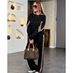 Lucky Life Kadın Kapüşonlu Leopar Detay Sweat Ve Yüksek Bel Yanları Leopar şeritli Bol Paça Pantolon Ikili Takım