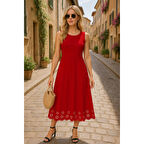 Lucky Life Kadın Kolsuz Etek Ucu Lazer Kesim çiçek Desenli Midi Boy Ithal Krep Elbise