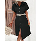 Lucky Life Kadın Kısa Kollu Yakalı Düğme Detay Midi Dokuma Elbise