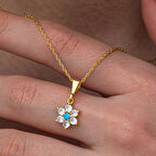 Lucky Life Kadın Gümüş Mavi Taşlı Gold Çiçek Kadın Kolye